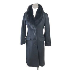 Sachi Coat Long Black Wool Cashmere Womens 2P Fox Fur Button Elegant Seams